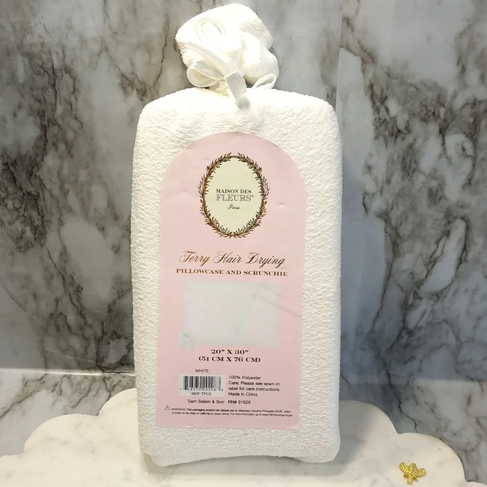 Maison Des Fleurs‎ Terry Hair Drying 2 Piece Pillowcase/Scrunchie NWT 20 X 30 in